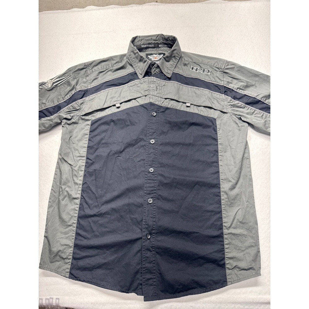 Harley-Davidson Mens Colorblock Short Sleeve Button Up Shirt Gray Black Large